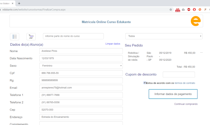 Software para Matrículas Online Termos e Condições e Aceite do Aluno