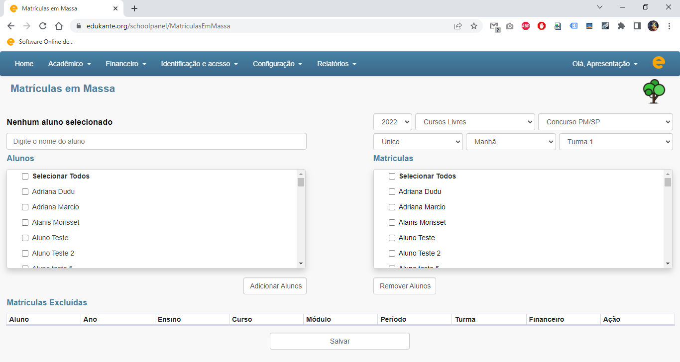 Funcionalidades Software Matrículas em Massa