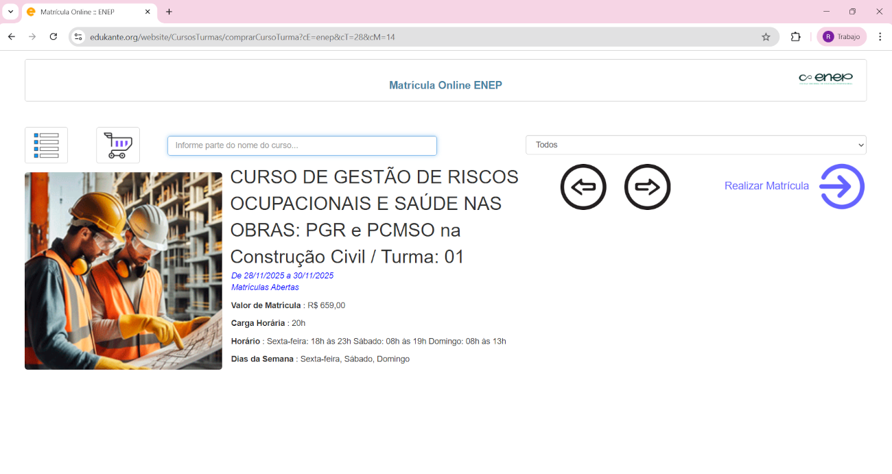 Página que exibe os datalhes do curso/série x turma no sistema de matrículas online do edukante