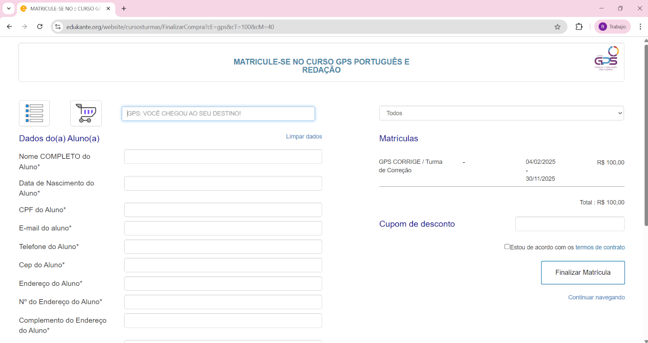 Página do sistema de matrículas online do edukante que solicita os dados pessoais do aluno e/ou responsáveis