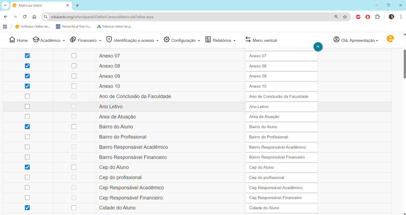 A instituição de ensino configura o edukante para definir os dados solicitados do aluno. É possível ainda informar quais dados são obrigatórios e qual deve ser o texto de solicitação de cada uma das informações. 