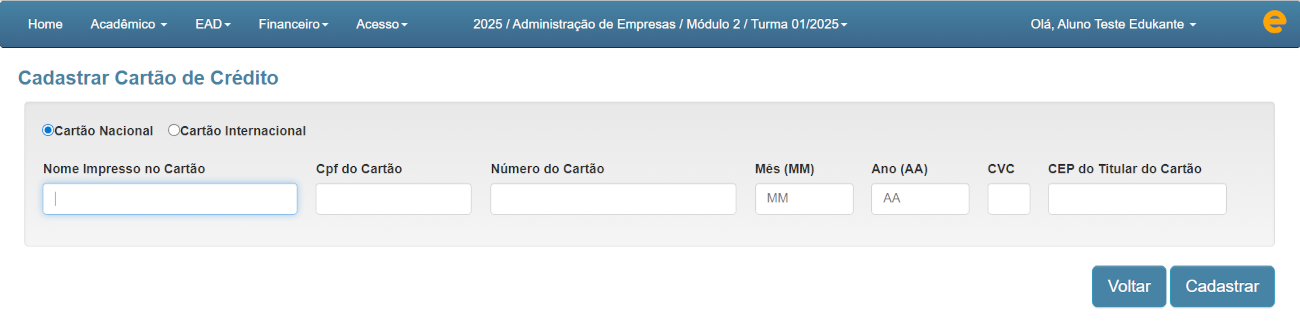 Aluno cadastra cartão de crédito no painel do aluno para pagamento de mensalidades