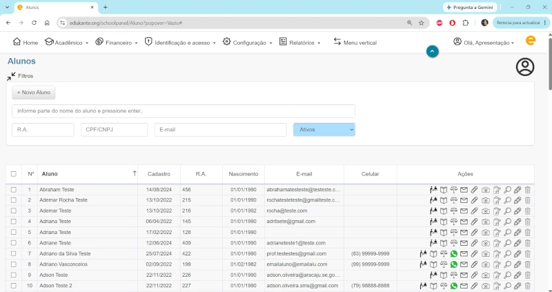 Interface de listagem e gerenciamento de alunos cadastrados no sistema Edukante