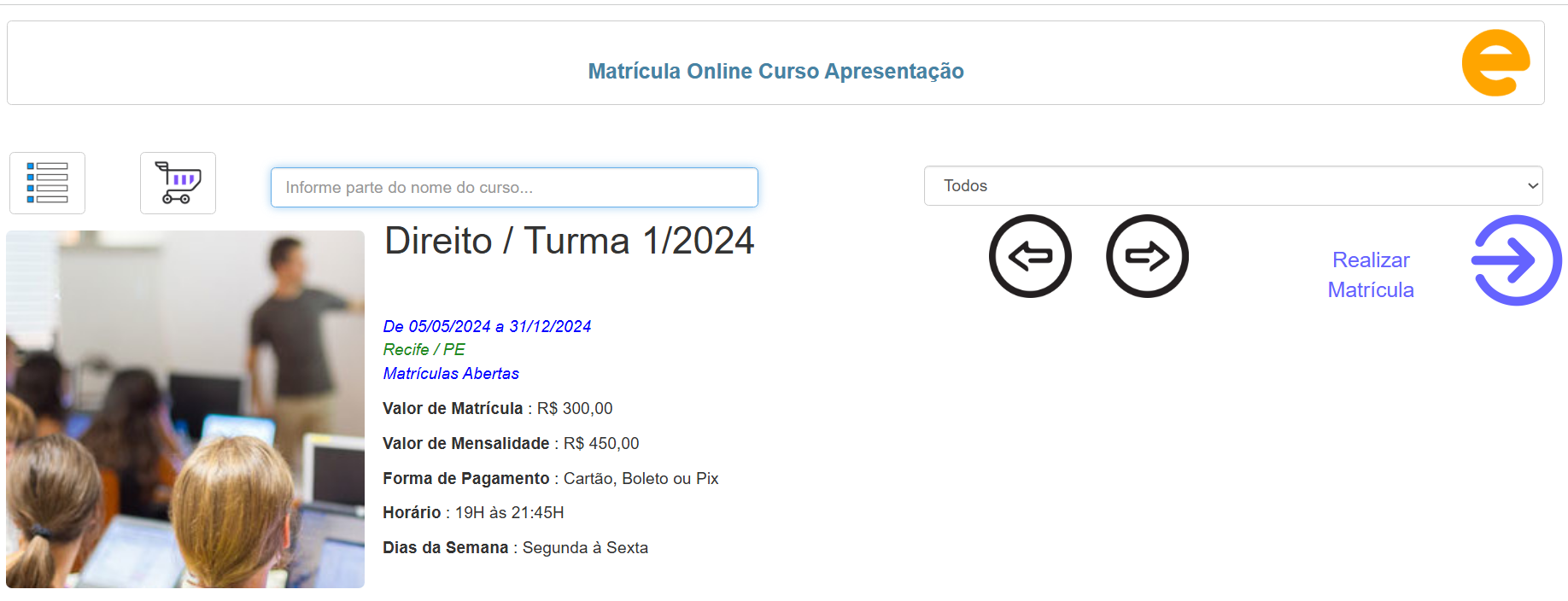 Sistema de Matrículas do Curso/Série - Detalhes do Curso/Série