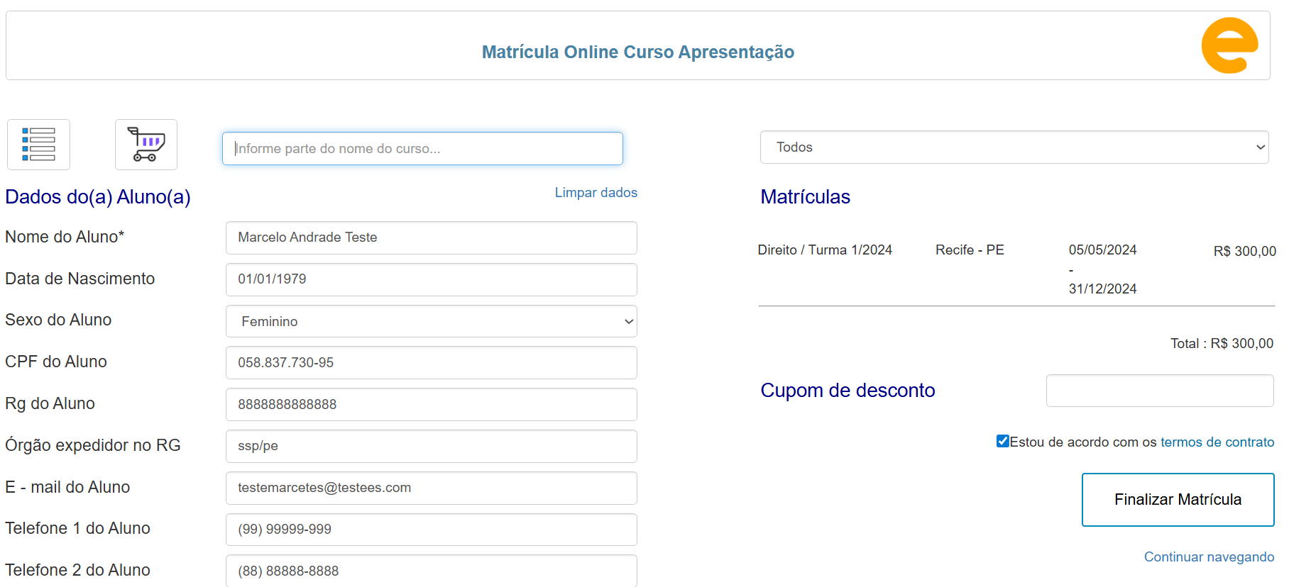 Matrícula Online Informar Dados do Aluno