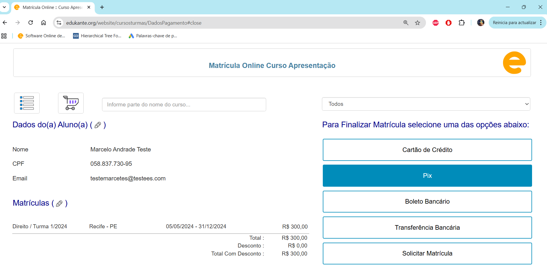 Matrícula Online Informar Dados do Pagamento