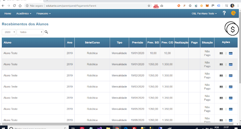 Geração de Boletos Bancários ou Pagamento com Cartão de Crédito no Painel dos Responsáveis ou Alunos