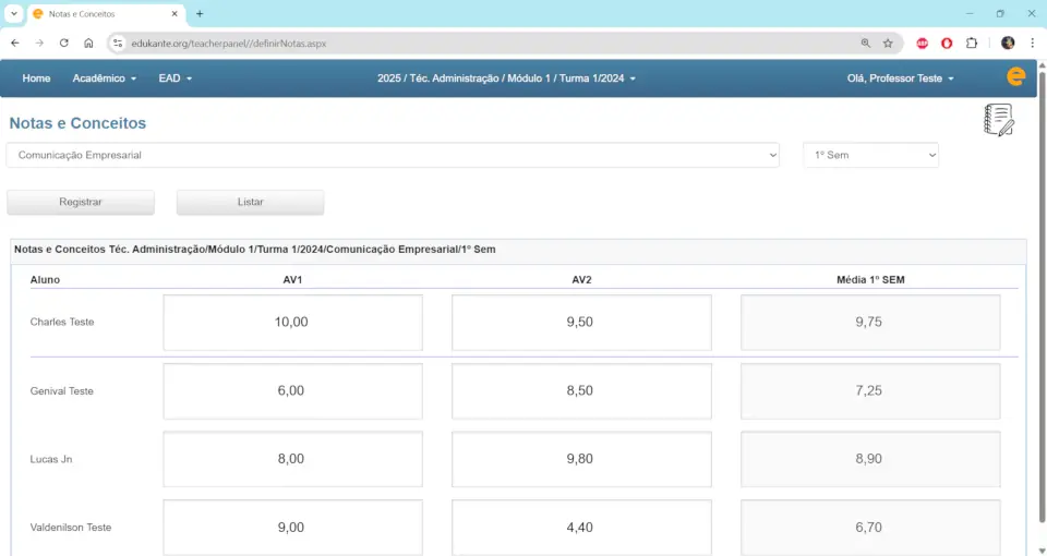 Painel dos professores edukante - Lançamento das notas dos alunos