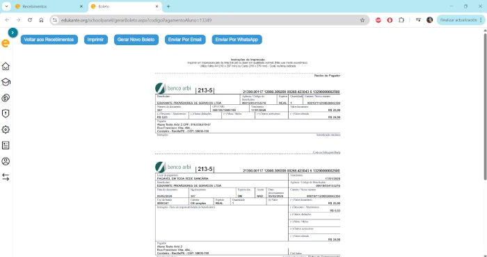 Programa de Gestão Escolar Geração de Boletos
