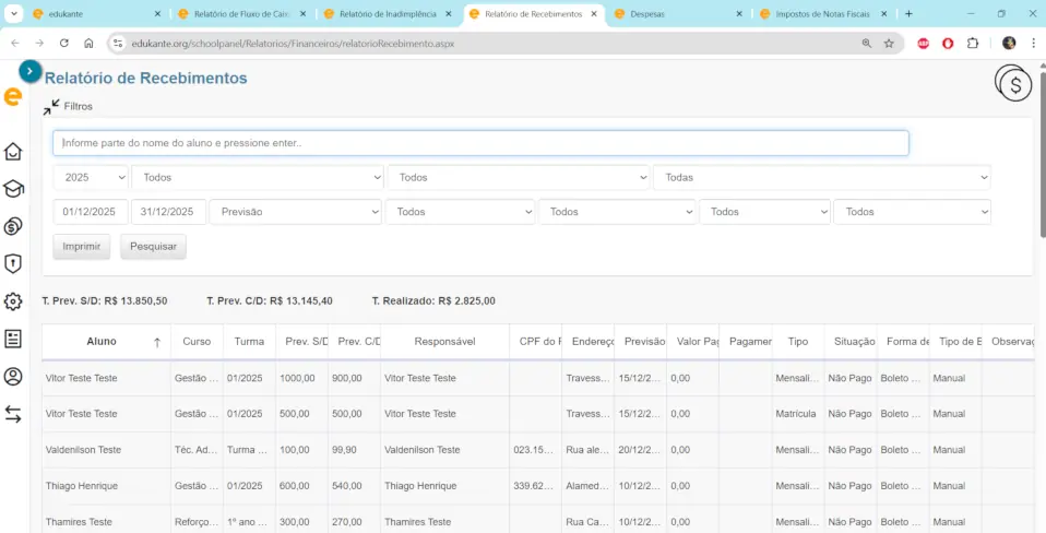 Relatório de Recebimentos Sistema de Gestão para Cursos edukante