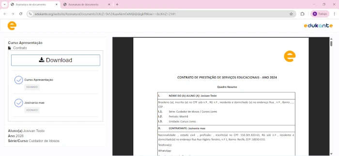 Sistema de Gestão Escolar Assinatura Online de Contratos