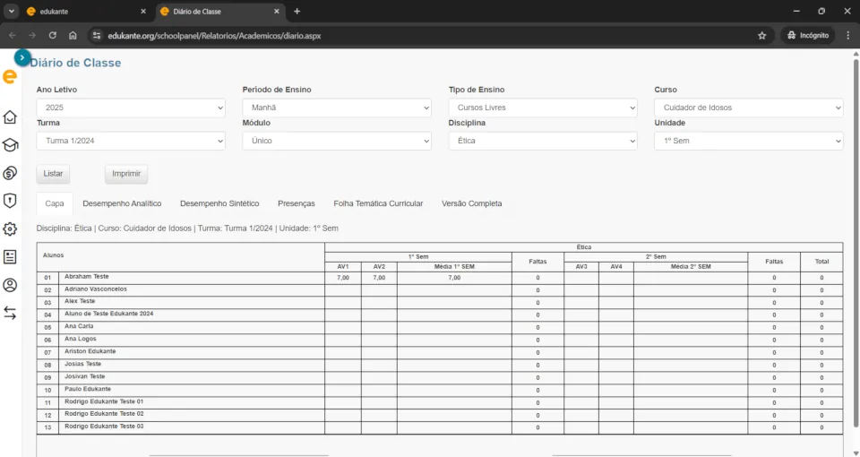 Sistema para escolas particulares. Diário de classe, edukante.