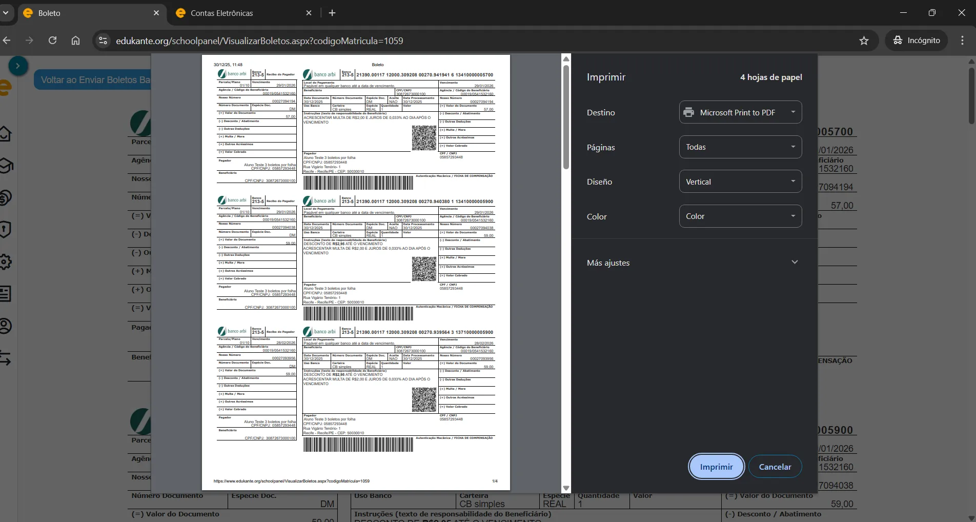 Sistema para escolas particulares. Geração de boletos bancários. Três boletos bancários por página de impressão.
