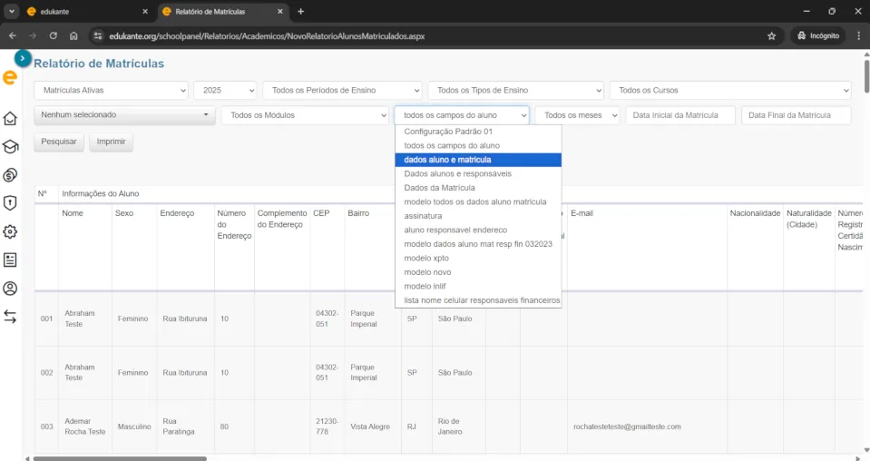 Sistema para escolas particulares. Relatórios personalizados de alunos matriculados.