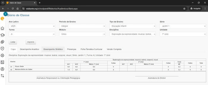 Sistema de Gestão Escolar Diário de Classe