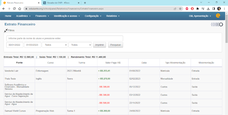 Software Controla Extrato Financeiro de Escolas
