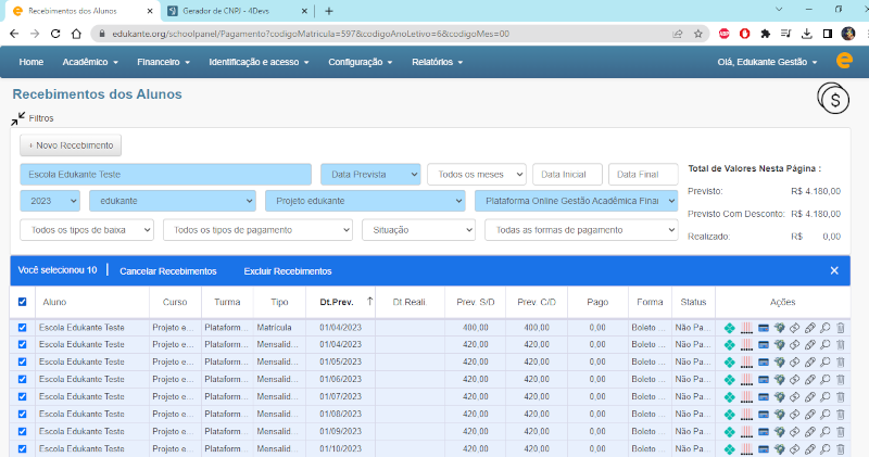 Software de Gestão Escolar Financeiro Exclusão Múltipla Recebimentos