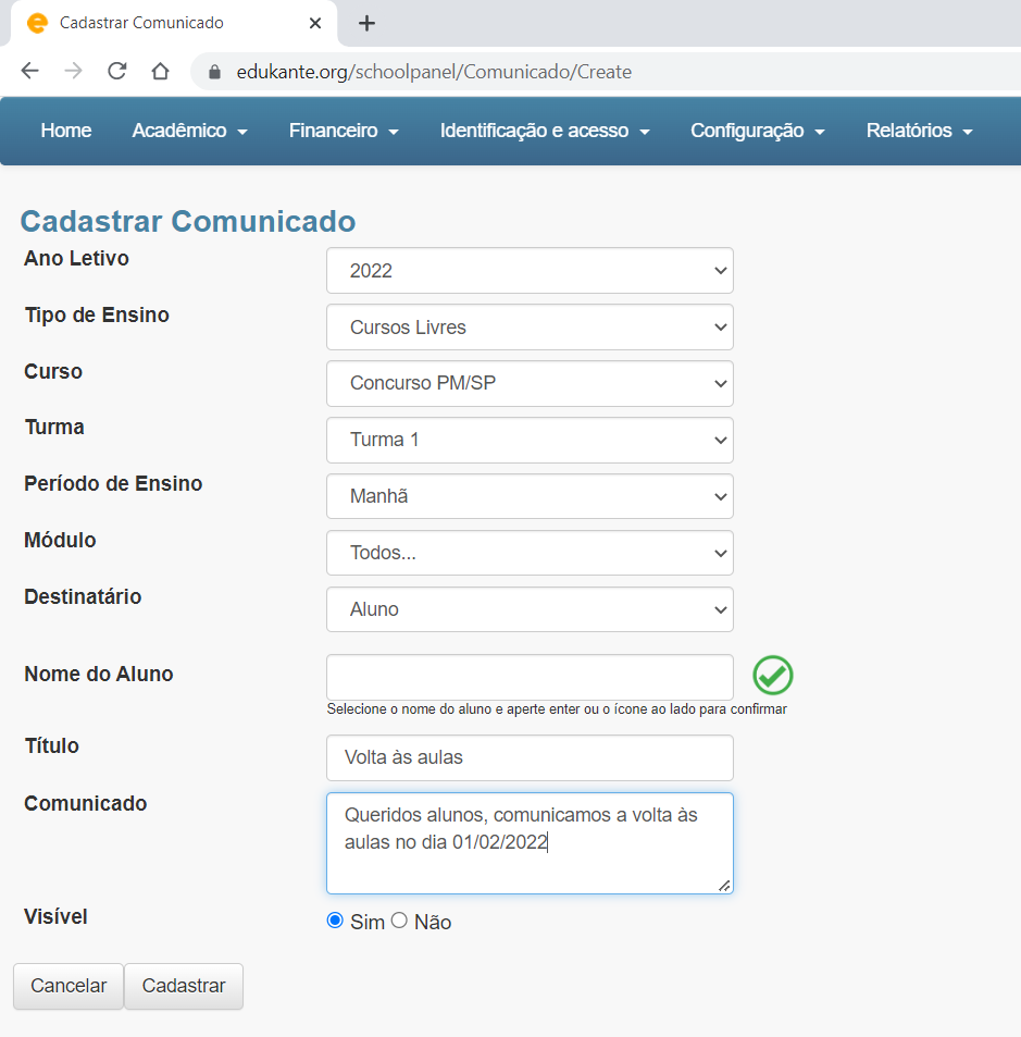 Software Ensino Infantil, Cadastrar Comunicado