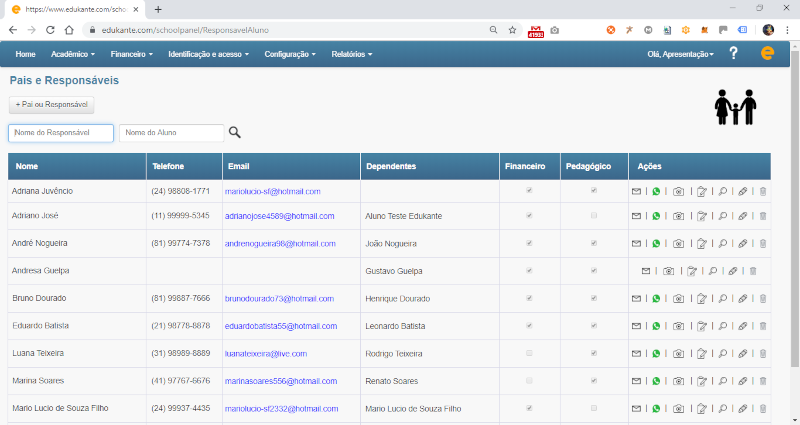 Software de Gestão para Escolas, Cursos e Faculdades - Gestão sobre os responsáveis do aluno