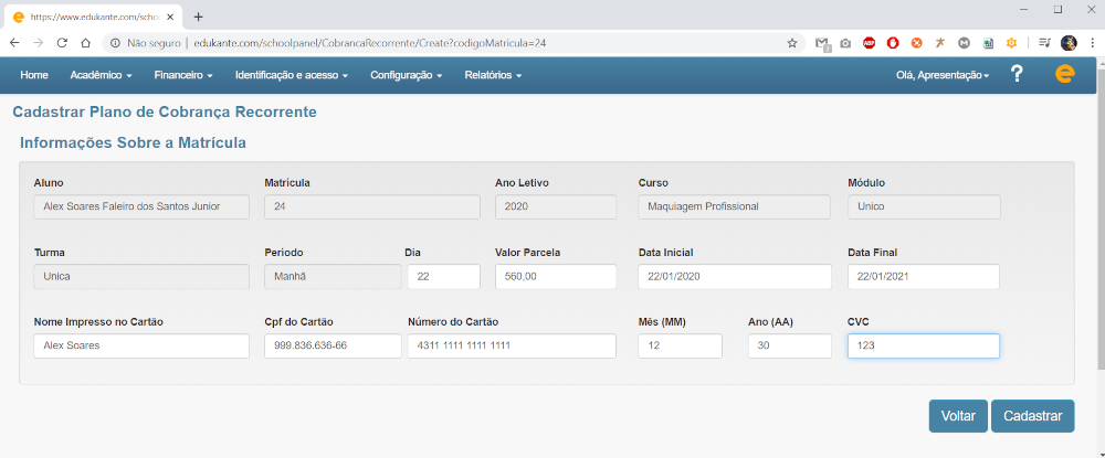 Cadastrar Cobrança Recorrente no Cartão de Crédito para Matrícula de um Aluno