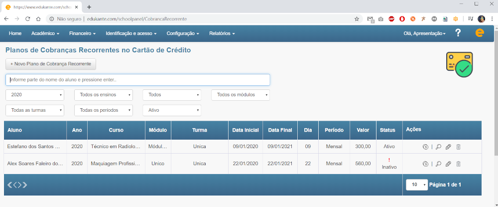 Software Gestão Escolar - Gestão de Cobranças Recorrentes no Cartão de Crédito