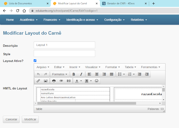 Software para Geração de Carnês de Pagamentos de Alunos da Escola, Configurar Layout