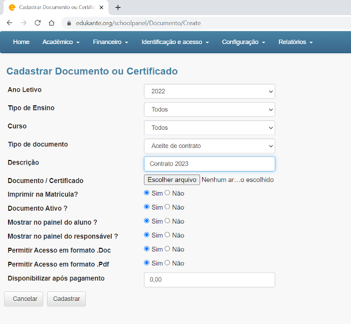 Software Gestão Escolar Assinatura Online Documentos