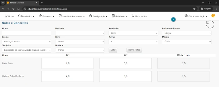 Software de Gestão Escolar Boletim Desempenho Acadêmico