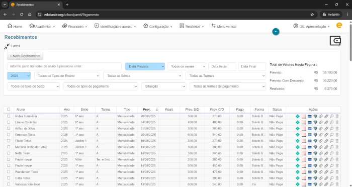 Software de Gestão Escolar Controle Financeiro