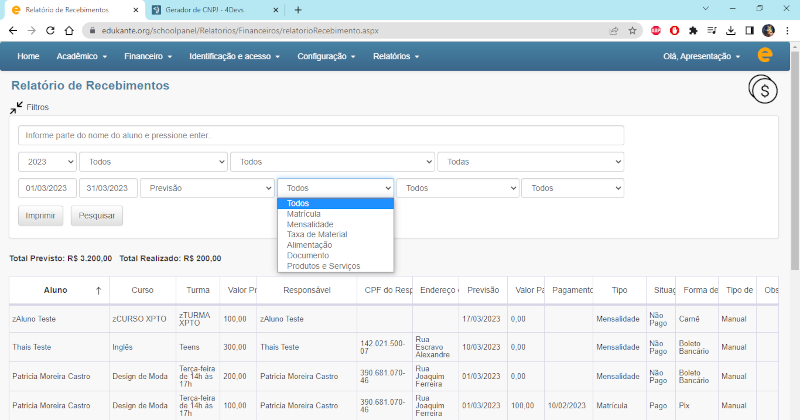Software de Gestão Escolar Relatório de Recebimentos