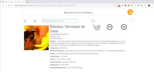 O software de matrículas online permite a visualização dos detalhes do curso e da turma