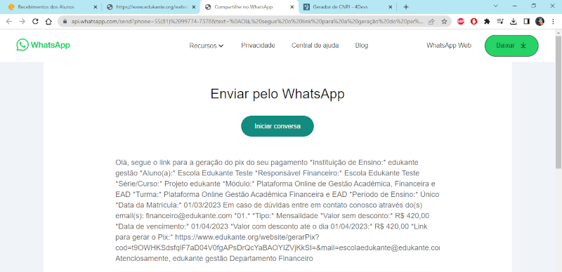 Software Gestão para Escolas Cursos Envio Cobrança Pix Whatsapp