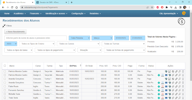 Software Gestão Recebimentos Alunos