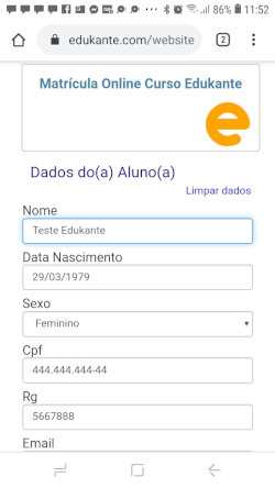 Ferramenta Web de Matrículas Online, cadastro dos dados pessoais do aluno