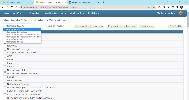 Software para Escolas Cursos Configurar Modelos Relatórios Alunos Matriculados