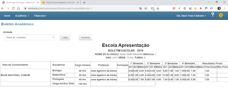 Software Escolar - Geração de Boletim Acadêmico de uma Matrícula