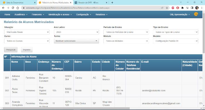 Software Relatório Alunos Matriculados