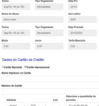 Pagamento via Cartão Internacional